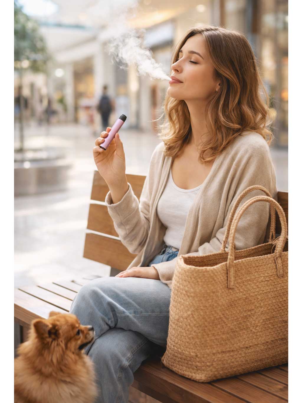 Jeune femme qui vapote dans une galerie marchande